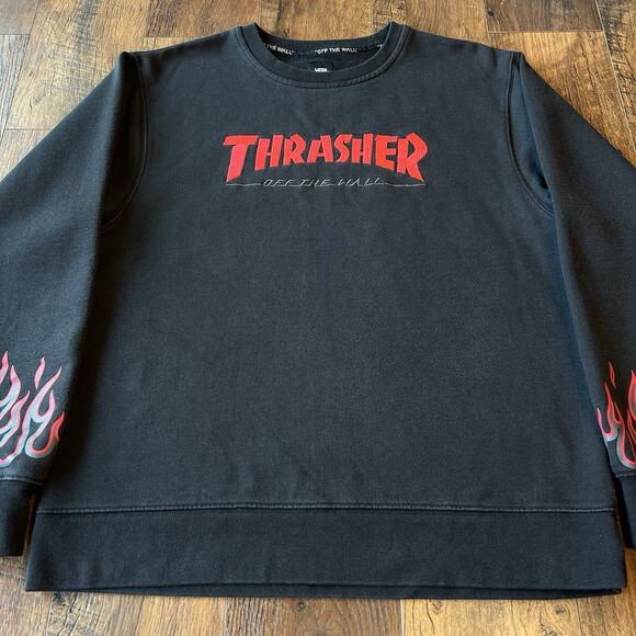EUC Men's Vans Thrasher Off The Wall Black Flame Sweatshirt | Embroidered MEDIUM - Picture 4 of 11